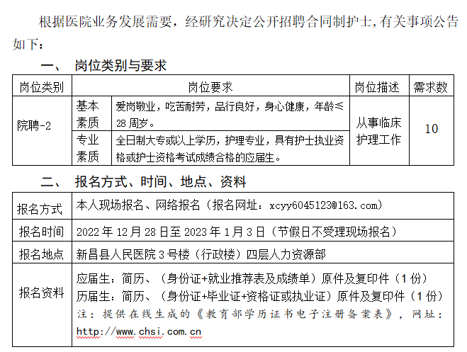 2022年浙江绍兴新昌县人民医院医共体总院招聘合同制护士10人公告